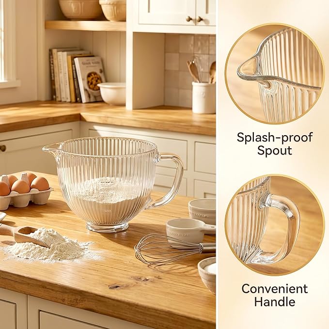 Glass Mixer Bowl for KitchenAid Tilt-Head Stand Mixers | 5Qt Replacement Mixing Bowl with Handle, Measurement Markings & Pour Spout, Glass Bowl for Kitchen Aid 4.5-5 Quart Models