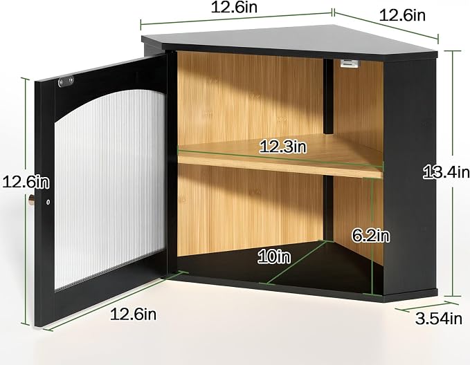 LAMU Corner Bread Box for Kitchen Countertop, Bamboo Wood Bread Storage | 2-Tier Storage Bin with Magnetic Acrylic Door, Large Capacity Organizer for Homemade Bread, Coffee, Fruit & Spices, Black