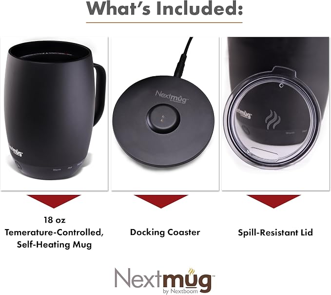 Nextmug Plus (Black - 18 oz.) Temperature-Controlled, Self-Heating Mug – No App, Long-Lasting Battery for Work & Study, Great Gift for Coffee Lovers