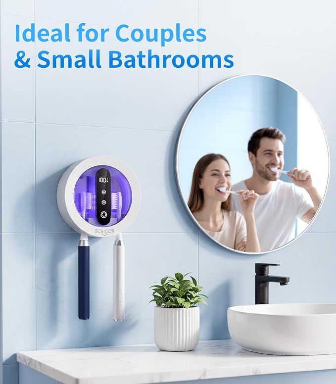 2026 Upgraded Toothbrush Holder with Dual UV & Heated Drying, Wall Mounted Toothbrush Organizer for Bathroom, Type-C Rechargeable Covered 2-Slot Storage for Manual and Electric Toothbrushes