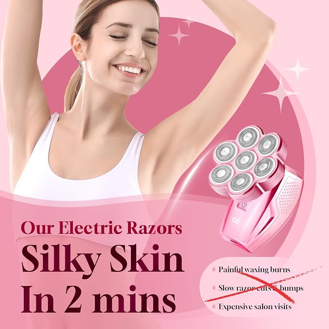 Women’s Electric Razor for Legs Face Bikini | 120 Min Runtime, IPX7 Waterproof, 7D Floating Head, USB-C Fast Charging, Travel Lock Design, LED Battery Display