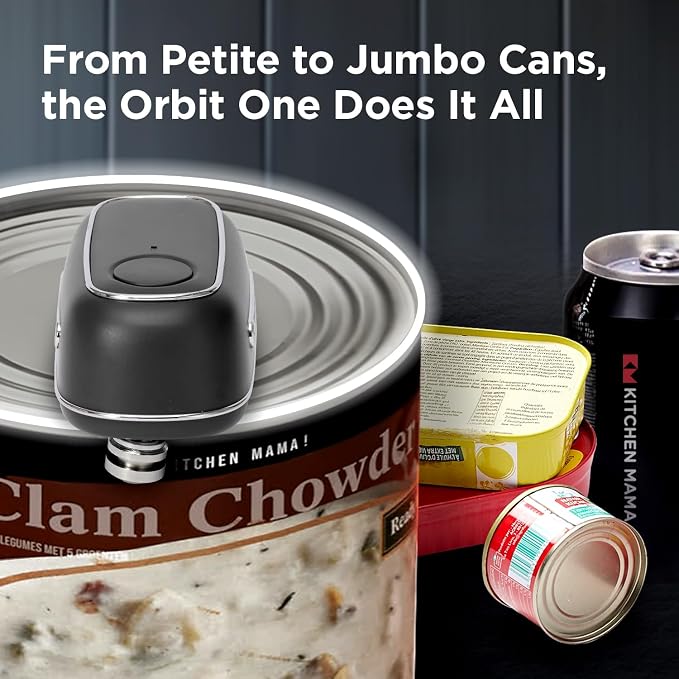Kitchen Mama Orbit One Rechargeable Electric Can Opener, Black | Hands-free, USB-C Charging, Automatic Stop, Smooth Edge, Storage Box