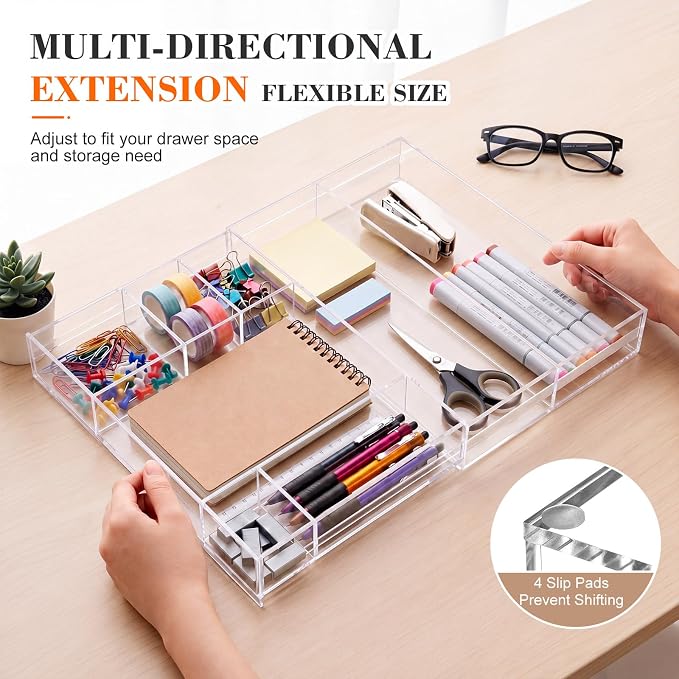 Briwooody Acrylic Drawer Organizer Clear Desk Drawer Organizer Trays with Adjustable Compartments Desk Accessories for Office Stationery Makeup Silverware Bathroom (Expandable Style 2)