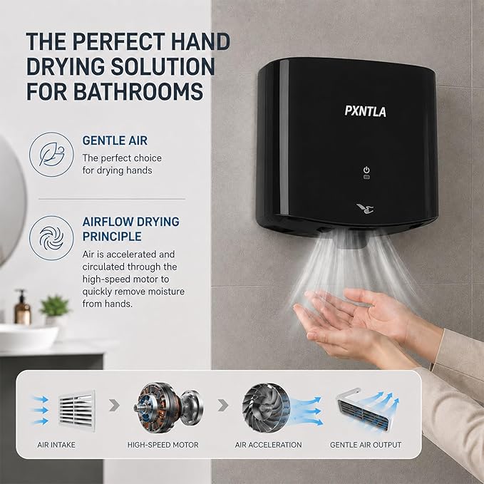 Hand Dryer, 12-15 Seconds Fast Dry Hands, 100-130V Voltage, Bottom Hot & Cold Air Switch, IPX1 Waterproof & 60s Overheat Protection
