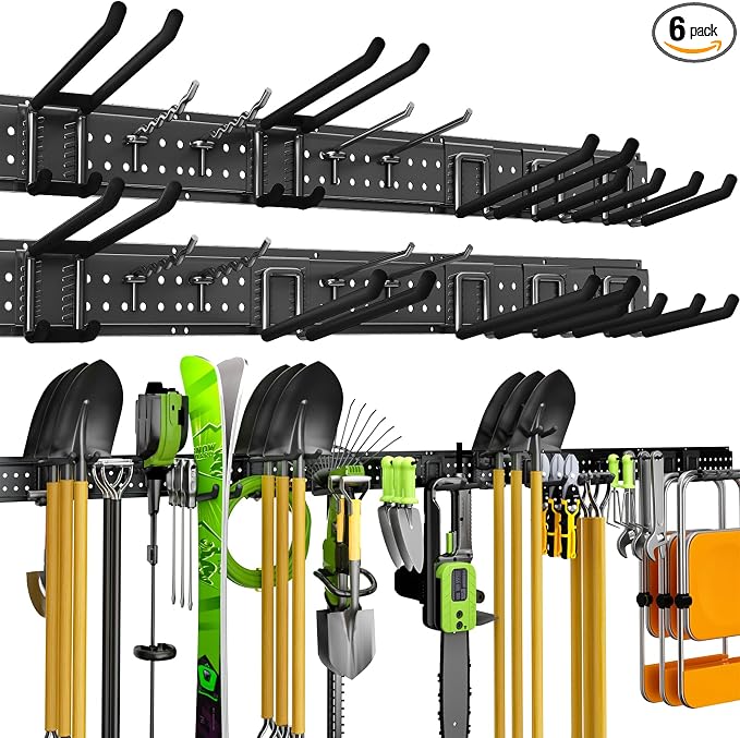 Garage Tool Organizer Wall Mount, 99 Inch Heavy Duty Garage Organization System with 18 Adjustable Hooks, Garden Tool Storage Rack for Garage, Yard & Shed, Holds Up to 750 lbs