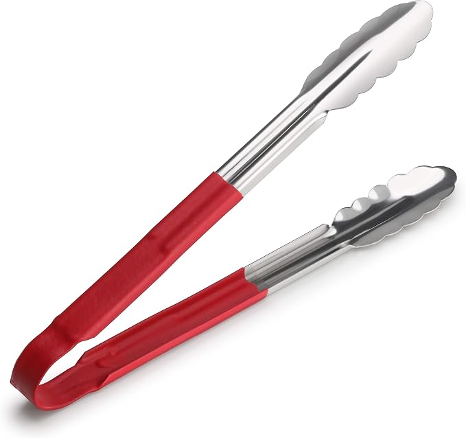 New Star Foodservice 12 Inch Utility Spring Tongs, Set of 12, Commercial Restaurant Grade Stainless Steel Tongs with Red Vinyl Coated Handles