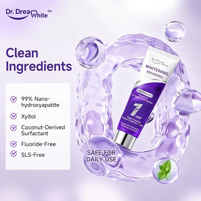Dr.DreamWhite Purple Color Correction Whitening Toothpaste, 4oz, Pack of 2 | with 2 Toothbrushes - for Yellow & Sensitive Teeth | VIO-Zyme mHAP Formula, Instantly Brightens, Fluoride-Free