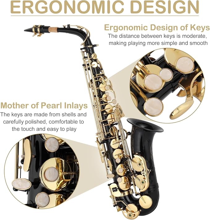 E Flat Alto Saxophone, Brass Sax with Carry Case, Black | Saxophones Include Mouthpiece, Cleaning Brush, Cloth, Strap Accessories, For Beginner Student and Professional
