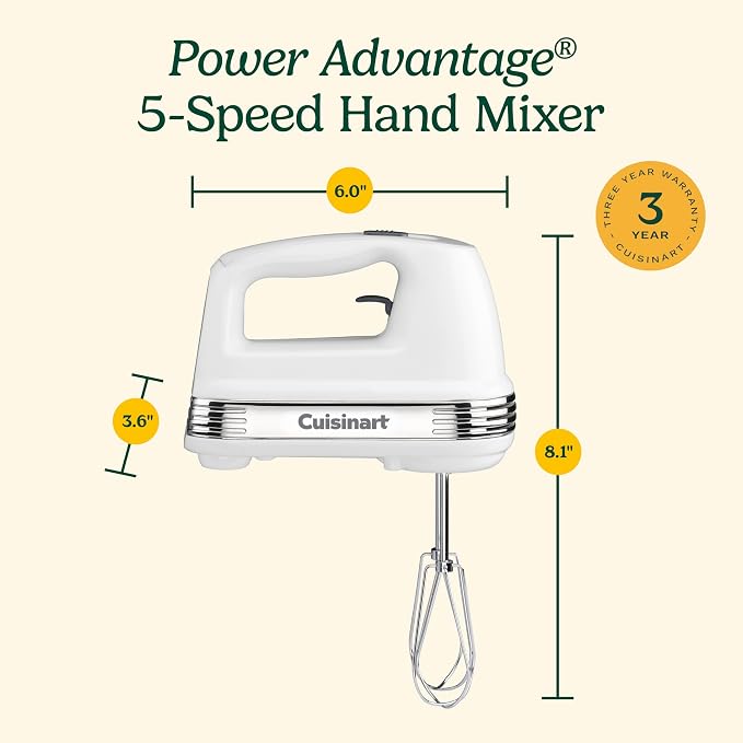 Cuisinart Power Advantage 5-Speed Hand Mixer, 220W-Motor Hand Blender Electric Mixer with 5 Speed Settings, Extra-Long Dishwasher-Safe Beaters, 60-Inch Swivel Cord, HM-50, White