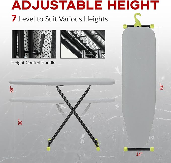 Ironing Board Full Size 54x14, RAINHOL Height Adjustable Iron Board with Thick Padded Cover and Smart Hanger, Heavy Duty Foldable Ironing Table with Silicone Pad Iron Rest, Gray
