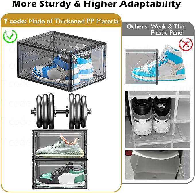 7 code Thicken & Sturdy Clear Shoe Storage Organizer with Magnetic Door, Stackable Boxes for Closet, Foldable Shoe Rack for Sneaker Boot Container, Plastic Shoe Cabinet Shoe Box 6 Pack, Black