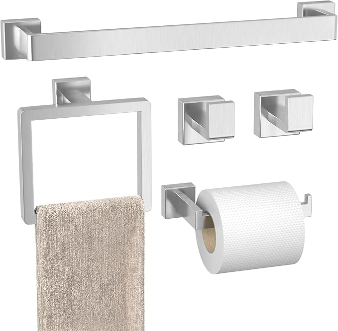 Bathroom Accessory Towel Bar Set: 5 Pieces Brushed Nickel Square Bathroom Hardware SUS304 Stainless Steel - 24 Inch Wall Mounted Towel Rack&Toilet Paper Holder&Towel Ring and Towel Hook