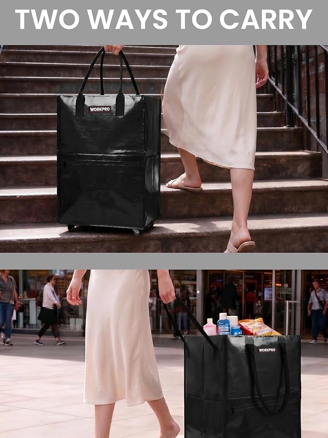 WORKPRO Medium Rolling Grocery Bag, 18-Gallon Shopping Tote with 4 Wheels | Reusable Grocery Bag on Wheels, Holds Up to 75 lbs, Heavy Duty Rolling Tote for Groceries, Laundry, Moving & Storage