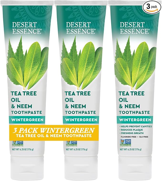 Desert Essence Tea Tree Oil and Neem Toothpaste, Wintergreen, 3 Pack | Three 6.25 oz tubes with baking soda and sea salt; fluoride-free, SLS-free, vegan and gluten-free