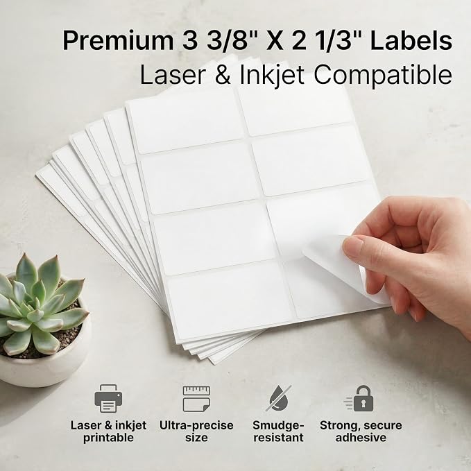 2 1/3" X 3 3/8" Matte White Printable Labels (30 Sheets, 240 Stickers) Name Tag Stickers, Address and Shipping Labels for Laser & Inkjet Printers - Spartan Industrial Template R013