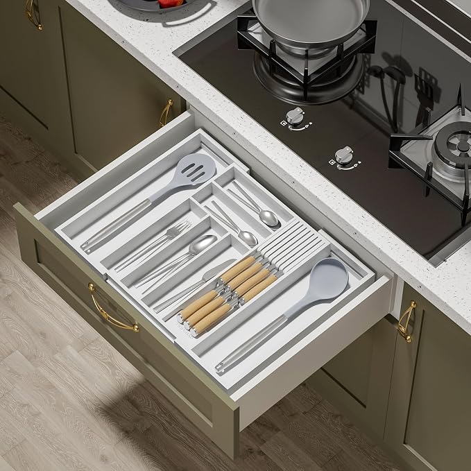 TIOPGHAD Bamboo-Silverware-Drawer-Organizer-Kitchen, Expandable Utensil Holder Cutlery Tray Flatware Organization Adjustable Wood Tableware Dividers Storage (with Removable Knife Block)(White)