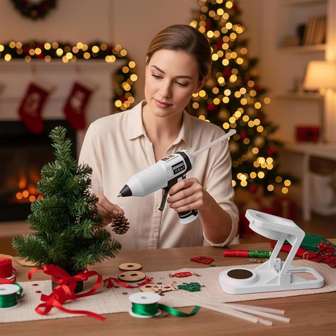MONVICT Cordless Digital Display Hot Glue Gun with Holder Base | Adjustable Temp,Smart Auto-Off,Silicone Pad,7.4V 2.6Ah Rechargeable Battery, Full Size, Handheld Electric,10 Glue Sticks