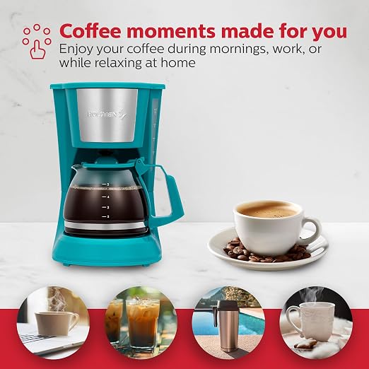 Holstein Housewares 5 Cup Drip Coffee Maker – Compact and User-Friendly with Auto Pause & Serve, Reusable Filter, Measuring Spoon & Glass Carafe, Office & Dorm Use, Teal