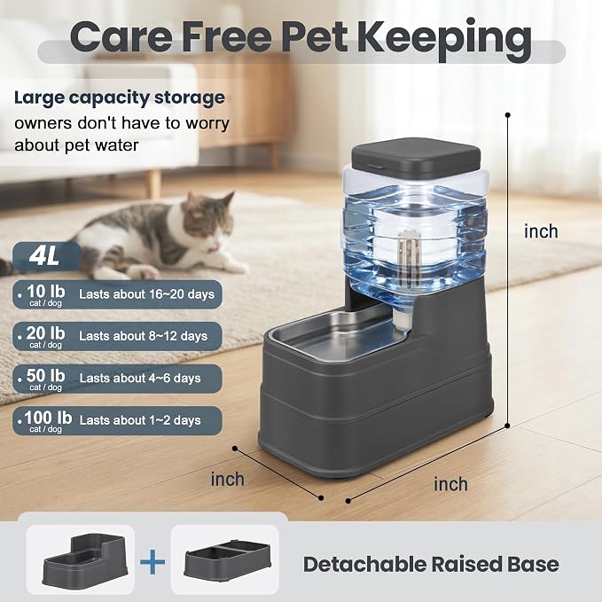 Automatic Cat Water Dispenser Gravity Stainless Steel Water Feeder Dog Waterer Feeder with Wide Mouth Bowl for Small Medium Dog Puppy Kitten (Filter &Ice Pack Included) 1Gallon Gray