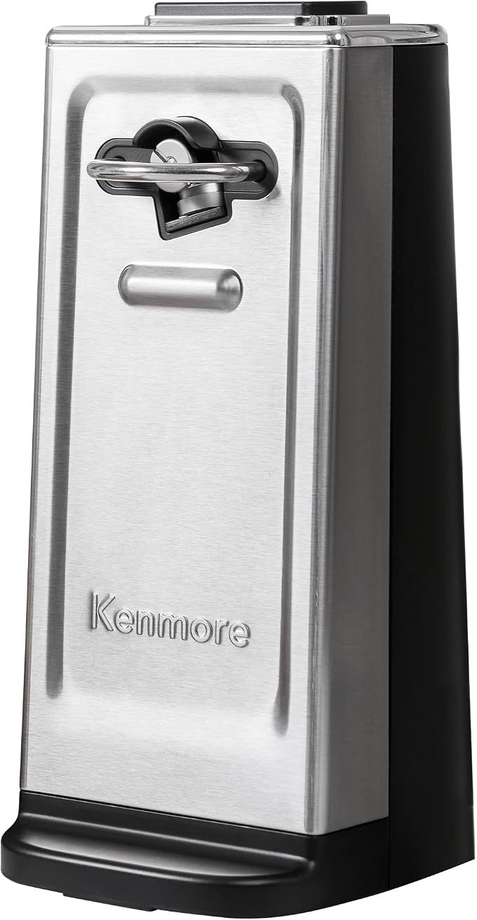 Kenmore Smooth Edge Electric Can Opener, Black & Stainless Steel | Side-cut blade opens regular and pop-top cans, handles extra-tall cans, and helps prevent sharp edges.