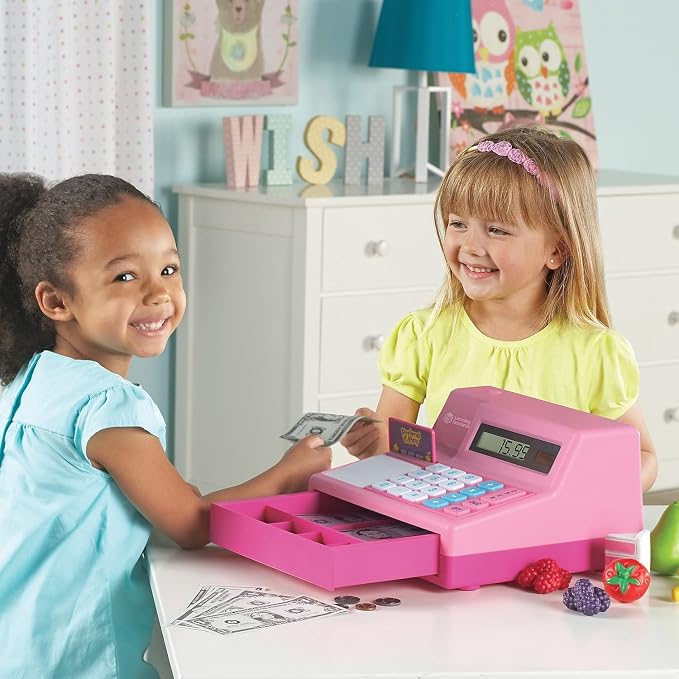 Learning Resources Pretend & Play Calculator Register Toy Pink - Kids Play Set & Credit Card Toy, Register for Kids, Pretend Grocery Store Shopping Playset for Toddlers, Teaching Math Set