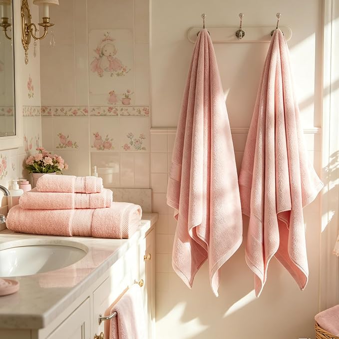 COZYART Luxury Bath Towel Set 6 Pcs, Soft Pink 100% Turkish Cotton 650 GSM | OEKO-Tex 100 Certified Zero Twist Ring Spun, Soft Absorbent Quick Dry, Plush Fluffy, Breathable Hotel Quality for Daily Use