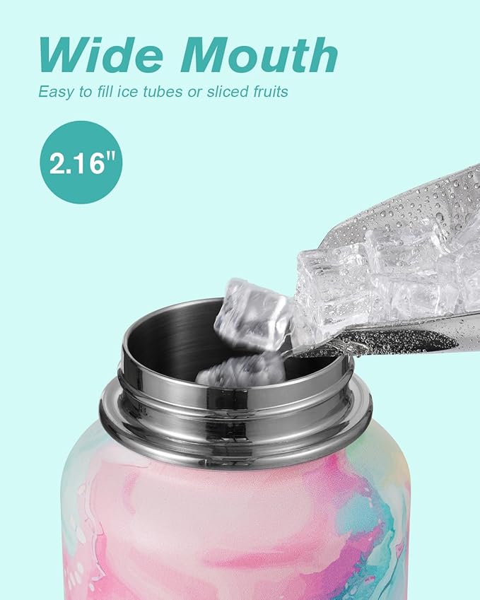 Coolflask Water Bottle Insulated with Straw & 3 Lids, 32 oz Water Jug Large Metal Stainless Steel Wide Mouth for Sports, Gym or Office, Non-BPA Keep Cold 48H Hot 24H, Pastel Sorbet