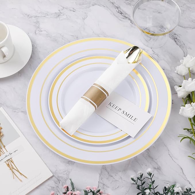 BESTVIP 350PCS Gold Plastic Dinnerware Set, Disposable Party Plates for 50 Guests, Include: 100 Plastic Plates, 50 Pre Rolled Napkins with Gold Silverware, 50 Cups