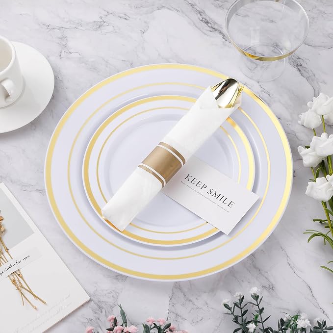 BESTVIP 525PCS Gold Plastic Dinnerware Set for 75 Guests, Disposable Plates for Party, Include: 150 Plastic Plates, 75 Pre Rolled Napkins with Gold Silverware, 75 Cups for Christmas, Halloween