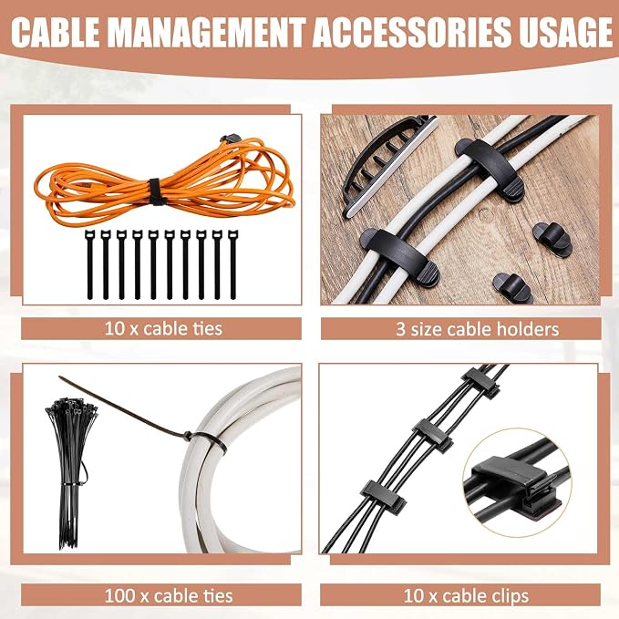 3 Pcs 3 Size Wooden Cable Box Organizer Set with 130 Pcs Cable Management Kit, Desk Cord Hider Cord Holder to Hide Wires Power Strips(Walnut Color)