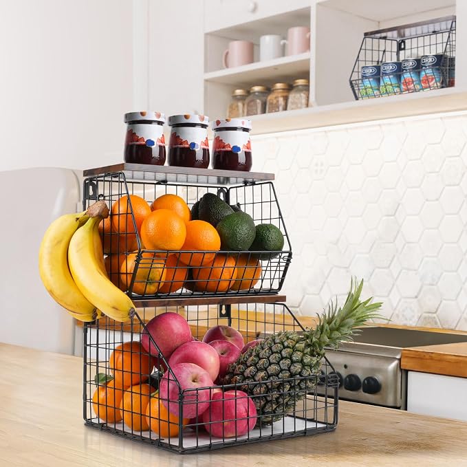 Mefirt Fruit Basket, Stackable Wall Mounted Fruit Baskets, Potato Baskets Onion Storage for Kitchen, Hanging Wire Basket with Wood Lid, 2-Tier Vegetable Organizer Kitchen Countertop Organization