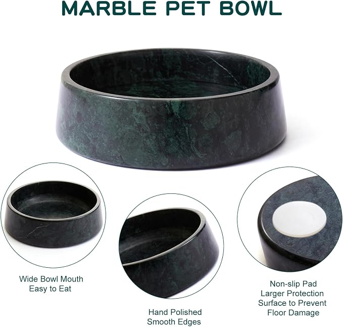 SAMAH Green Marble Dog Bowl, Non-Slip Non-Tipping Heavy Dog Food Bowl, Large Weighted Stone Dish, Natural Marble Dog Water Bowl, Easy to Clean, Gifts for Cat & Dog Lovers, Holds 6 Cups(6 lbs)