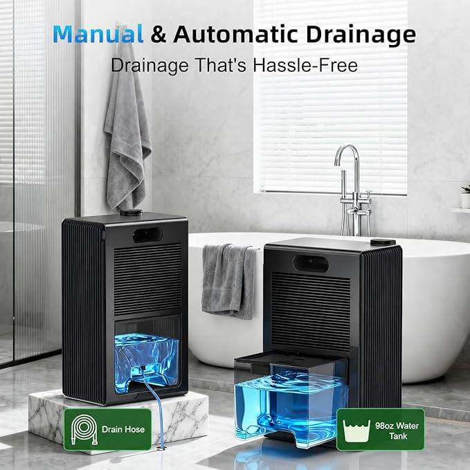 98 OZ Small Dehumidifier for Home 1000 Sq Ft, Quiet Dehumidifier with Drain Hose, Auto Shut-Off, Sleep Mode, 7-Color Light for Basement, Bedroom, Bathroom, Closet, RV (Black)