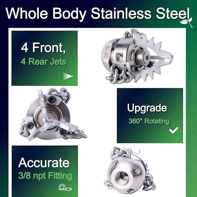 3/8 NPT Sewer Jetter Rotating Nozzle - Cutting Roots, for 2900 psi, 40L/Min (10.57GPM) Pressure Washers, Stainless Steel Drain Cleaning Tool, for Household sewers, Commercial Pipelines