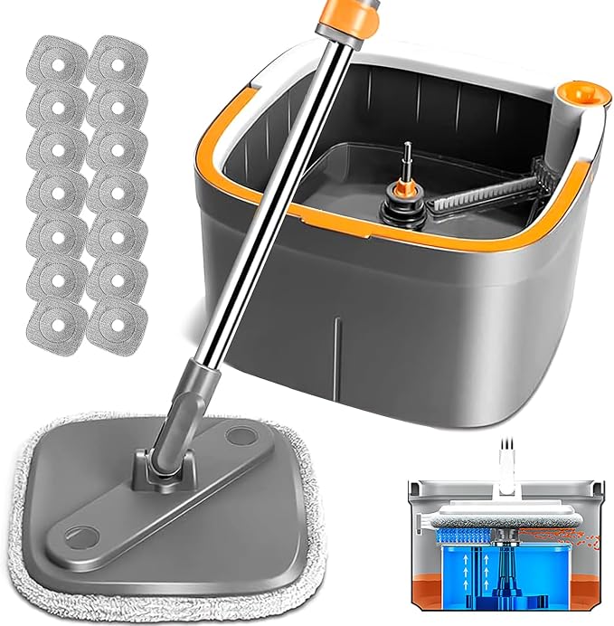 Spin Mop and Bucket Set with Self Separation Dirty and Clean Water System, Square Mop Bucket Self Wringing 360° Rotating Clean Floor Mop-Head for Hardwood Tile Marble Floors-with 14Pads
