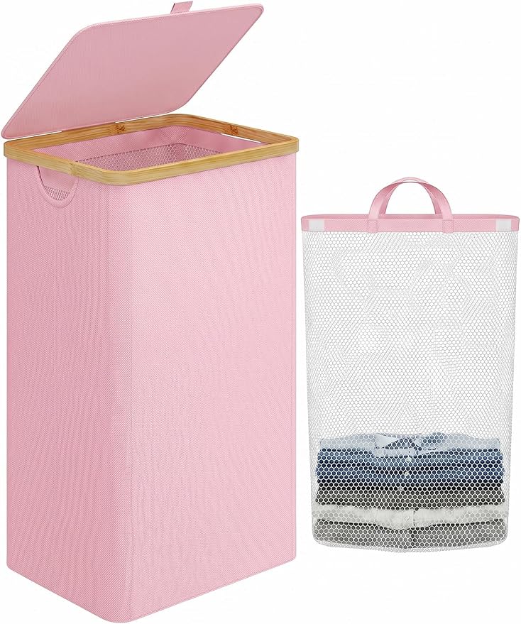 iEGrow Laundry Hamper with Lid, 110L Large Laundry Basket with Handle and Lid, Collapsible Clothes Basket Organizer with Removable Inner Bag for Clothes Towels,Pink