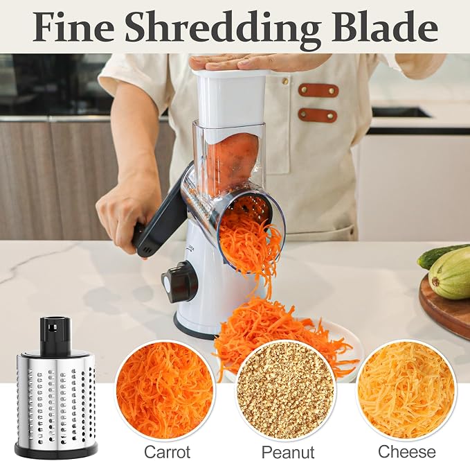Cambom Rotary Cheese Grater Hand Crank Cheese Shredder for Fresh Cheese, Vegetable, Nuts,Non-slip Suction Base, Three Blades, Black White