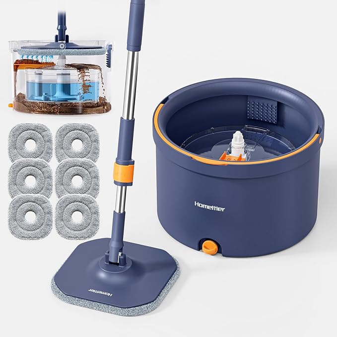 HoMettler Spin Mop and Bucket Set, Mop Bucket with Separate Dirty Water System, Deep-Cleaning Mops for Floors/Wall, Versatile Mops with 6 Microfiber Mop Pads