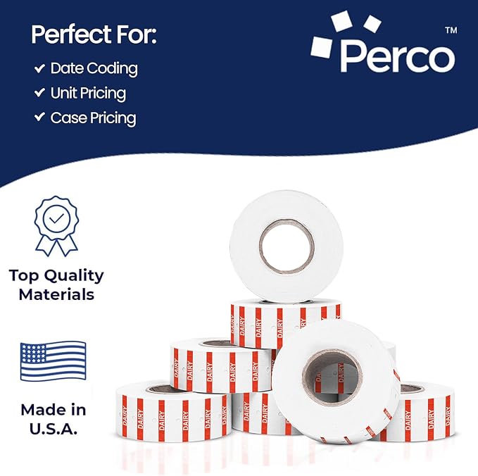 Perco 1 Line Orange Reverse Print on White Dairy Labels—32,000 Labels for Perco Lite, X, Plus & Pro Guns—with Tamper-Proof Design for Marking Milk, Cheese, Yogurt, Butter—32 Rolls, 4 Sleeves—USA Made