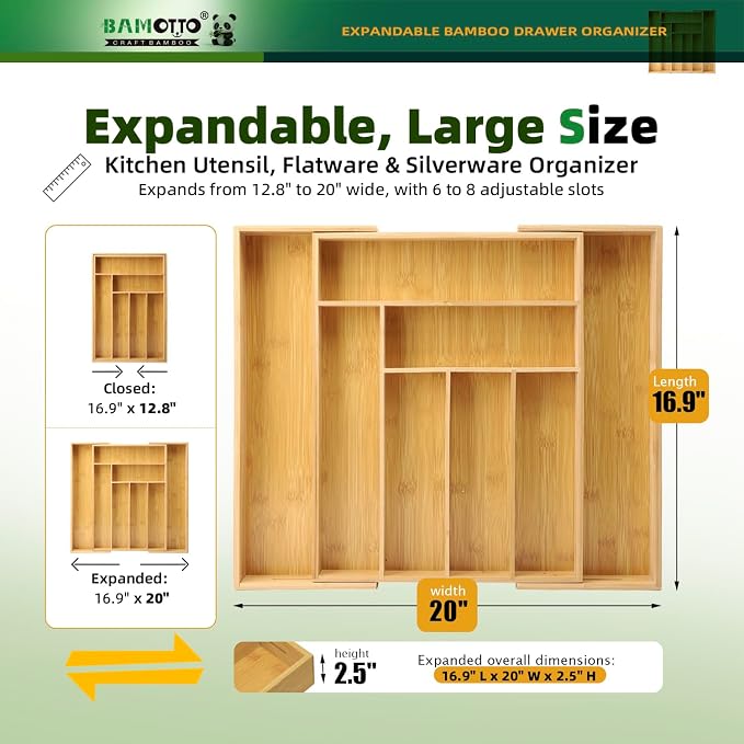 BAMOTTO CRAFTBAMBOO Expandable Bamboo Kitchen Drawer Organizer – Silverware Organizer, Utensil Holder & Cutlery Tray Drawer Dividers for Flatware (20"x16.9" Large Size, 8 Slot, Natural)