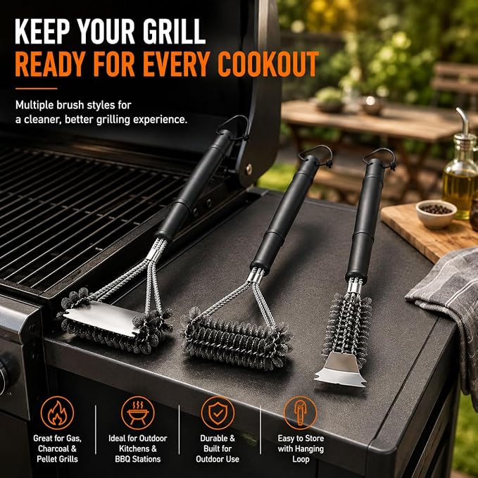 3PCS BBQ Grill Cleaning Brush for Cuisinart CGG-180T 2011-2026+ | 17.3" Bristle-Free Grill Brush with Scraper | 16.4" Overlapping Coil Brush | 17.5"3-Row Wire Bristle Grill Brush with Scraper