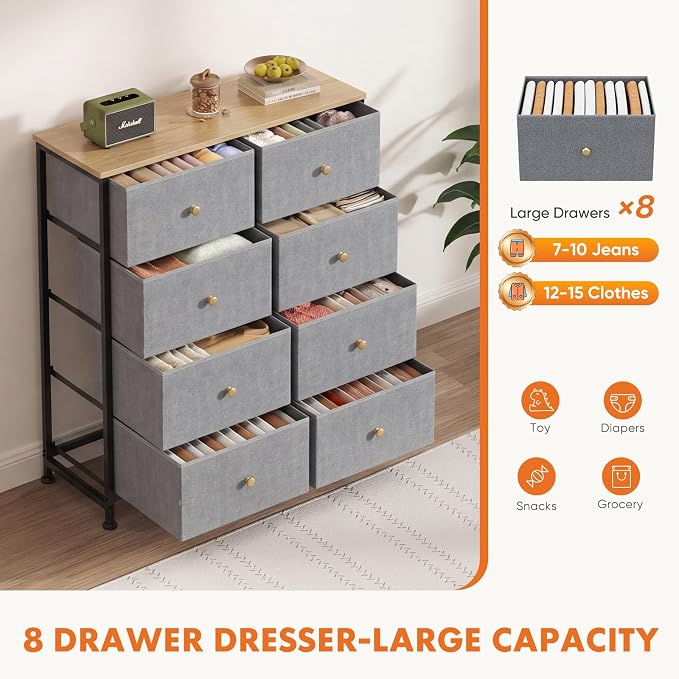 Sweetcrispy 8 Drawer Dresser for Bedroom, Organizer Storage Drawers, Blue | Fabric Storage Tower, Chest of Drawers with Steel Frame, Wood Top for Living Room, Closet