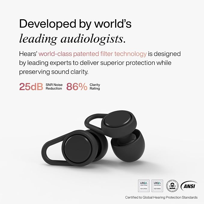 Hears Plus Ear Plugs for Noise Reduction - Patented Reusable Concert Earplugs, 25dB SNR Sound Reduction, Hypoallergenic for Musicians, Motorcycle and Sleeping with 4 tip Sizes - Jet Black