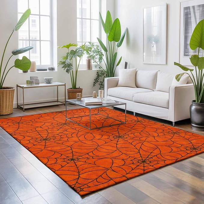 Large Area Rug 8'x10', Orange Halloween Washable Rectangular Area Rugs for Bedroom Living Room Office, Black Spiders Net Classic Gingham Non Slip Kitchen Rug Mats Indoor Floor Accent Throw Carpet