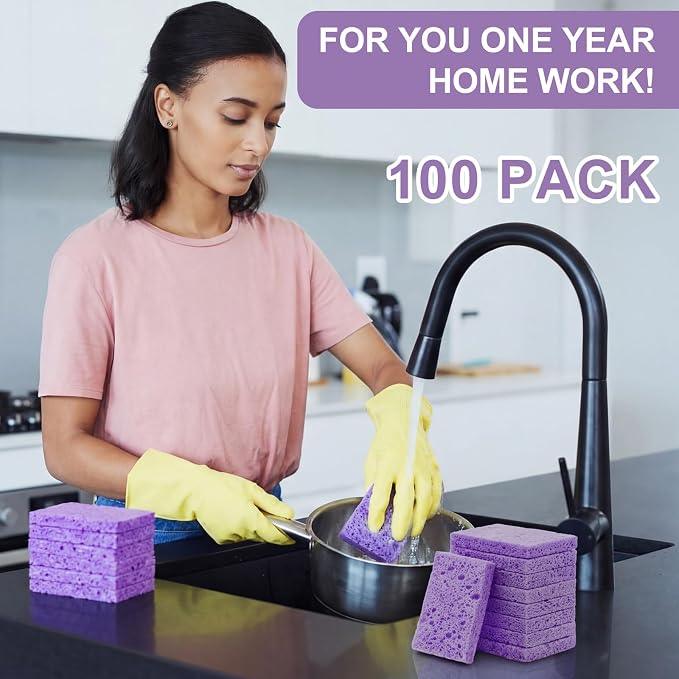 Zhengmy 100 Pieces Sponges Bulk Sponges Kitchen Compressed Sponge Natural Dish Sponge Compressed Wood Pulp Cleaning Without Scratching for Kitchen Bathroom, 3.9 x 2.4 x 0.12 Inch (Purple)