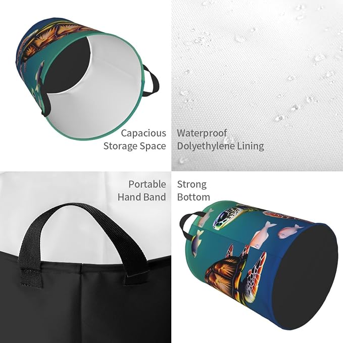Sea Turtle With Fishes Large Foldable Laundry Basket Hamper,Storage Basket Bin With Handles,For Bathroom,College
