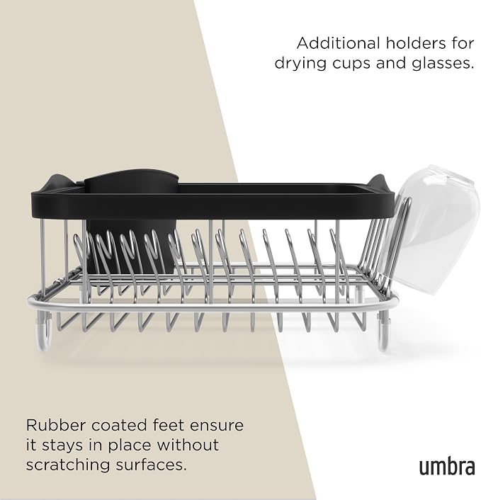Umbra Sinkin Dish Drying Rack, in Sink or on Counter Drainer, Black/Nickel | Durable steel wire frame, rubber coated feet, low profile design, plastic base