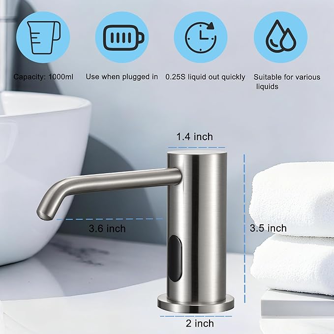 Automatic Soap Dispenser Touchless for Kitchen Bathroom Sink Built in Electric Soap Dispenser Infrared Sensors Liquid Commercial Dispenser with Bottle and Pump 33.81oz/1000ml (Brushed Nickel)