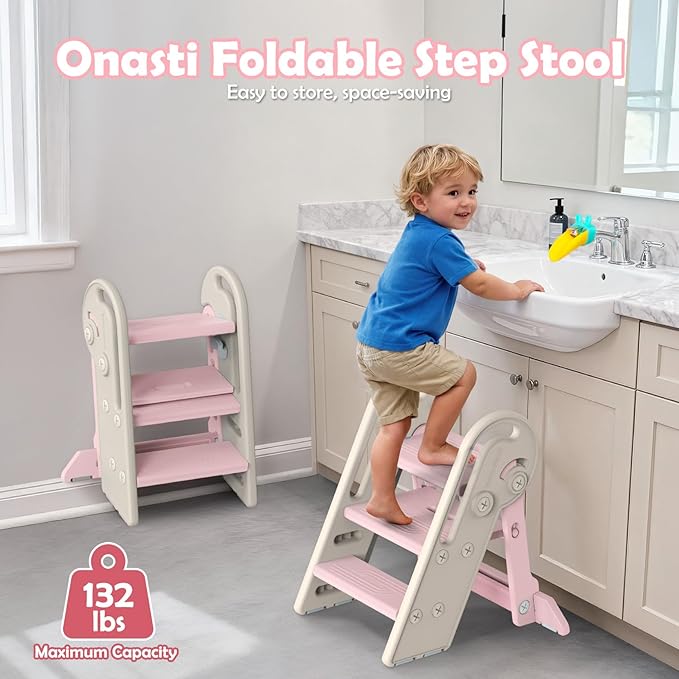 Onasti Foldable Step Stool for Kids & Toddlers, 3 Step Convertible to 2 Step with Handles, Training Stool for Bathroom Sink & Kitchen Counter, Non-Slip Stable Step Stool for Growing Children- Pink