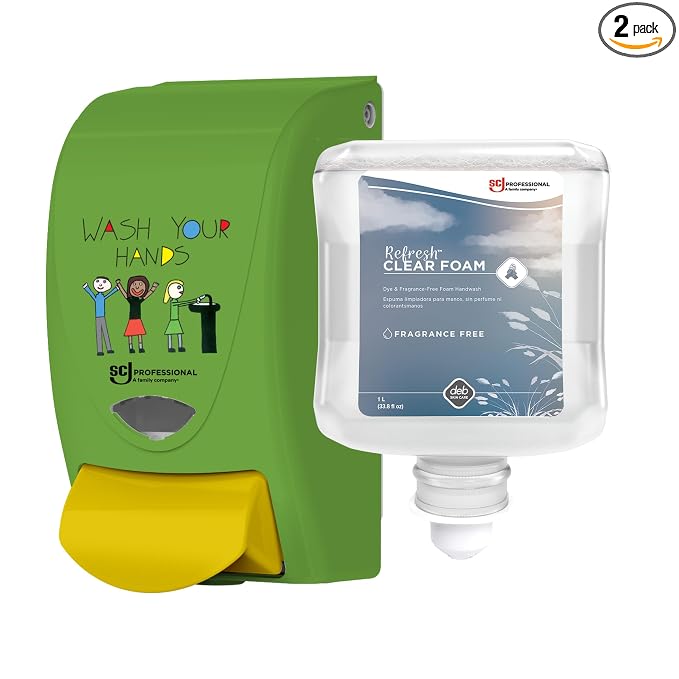 SC Johnson Professional Clear Foam Dispenser and Refill Starter Kit, Kids Wall Mount Soap Dispenser for Hand Soap, 1 Clear Foam Hand Wash, 1 Liter Cartridge, 33.8 fl. oz., for Professional Use Only